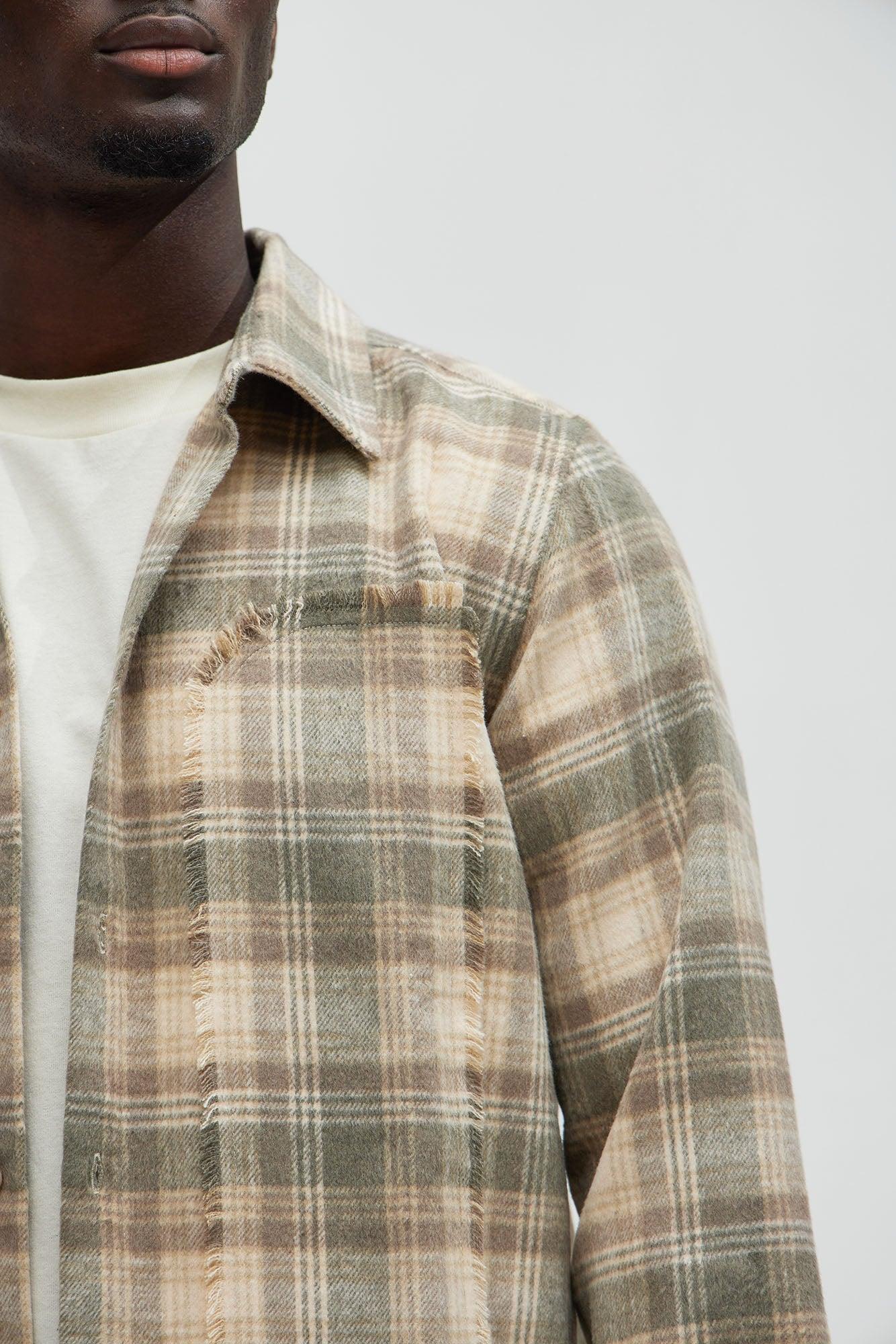 Victory Frayed Flannel Button Up Shirt - Taupe Product Image
