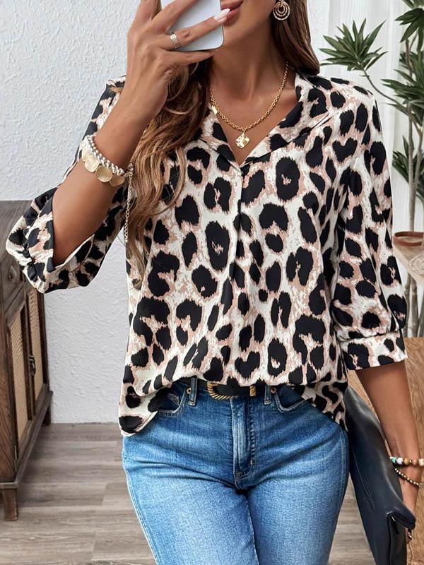 Loose Three-Quarter Sleeves Leopard Pleated Split-Joint Lapel Blouses&Shirts Tops Product Image