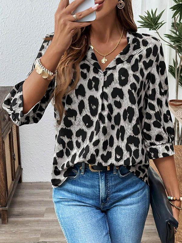 Loose Three-Quarter Sleeves Leopard Pleated Split-Joint Lapel Blouses&Shirts Tops Product Image