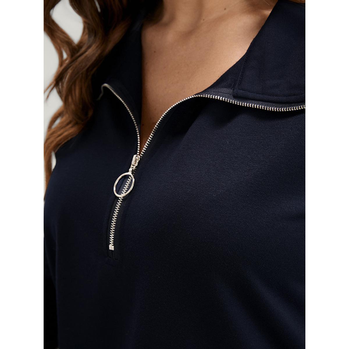 Plus Size Solid Drop Shoulder Zipper Lapel Collar Sweatshirt Women DarkBlue Casual Plain Lapel Collar Dailywear Sweatshirts BloomChic 30/6X Product Image