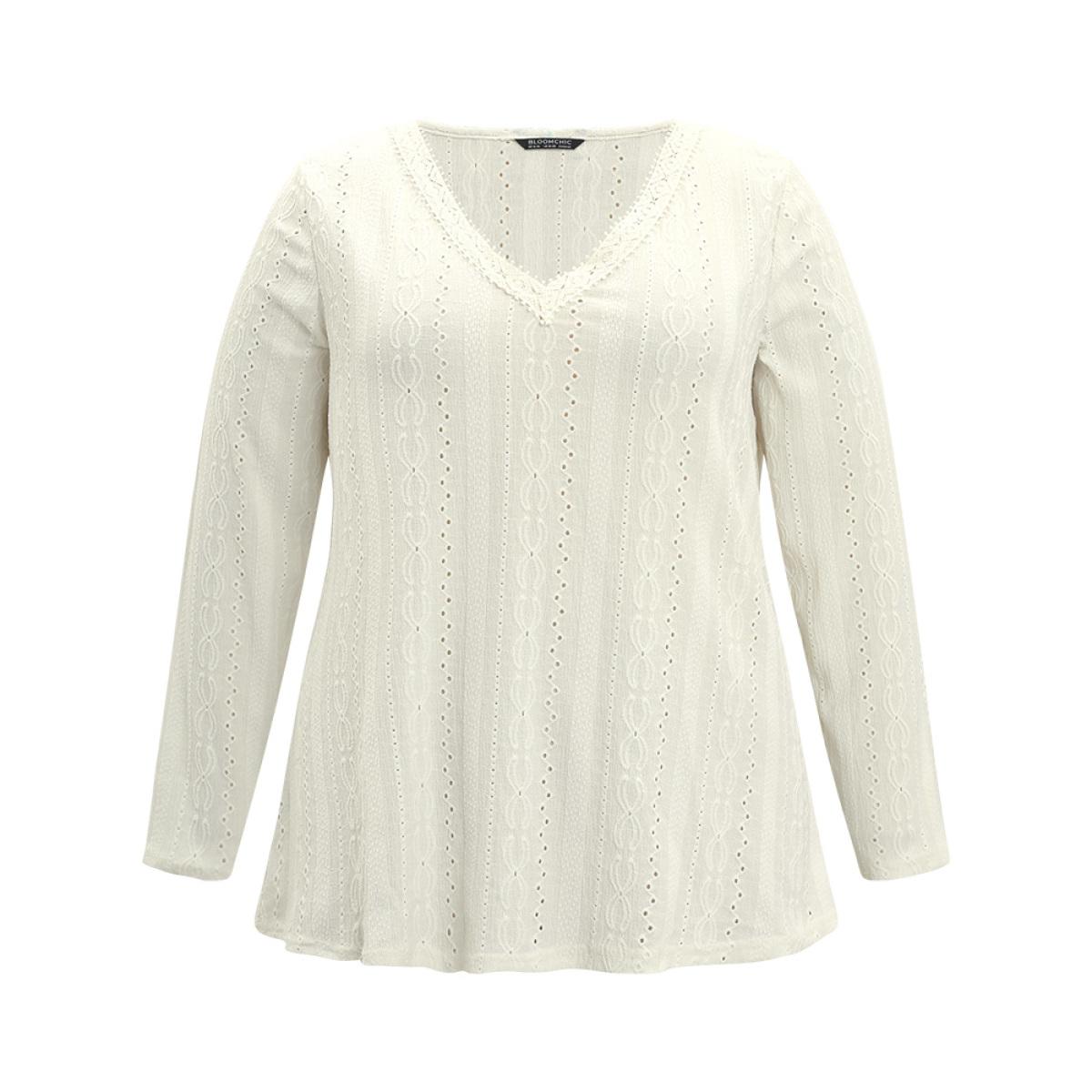 Plus Size Lace Patchwork V Neck Broderie Anglaise T-shirt Ivory Women Elegant Texture Plain V-neck Dailywear T-shirts BloomChic 12/L Product Image