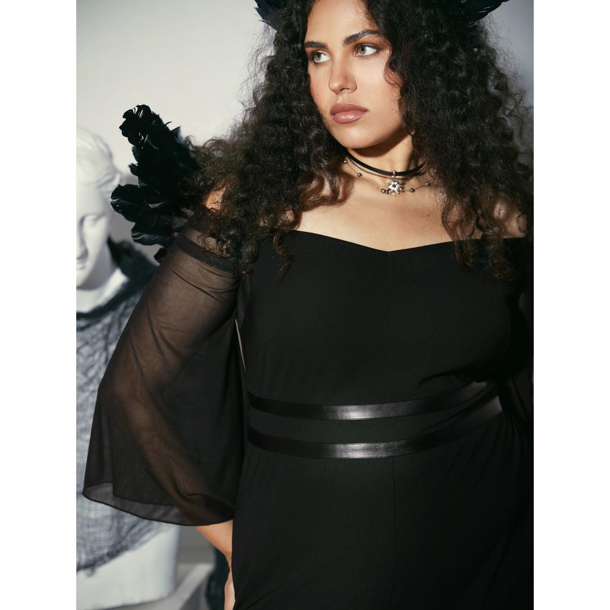 Plus Size Black Wicked Witch Leather Belt Off-Shoulder Jumpsuit Women Cocktail Extra Long Sleeve One-shoulder neck Party Loose Jumpsuits BloomChic 12/L Product Image
