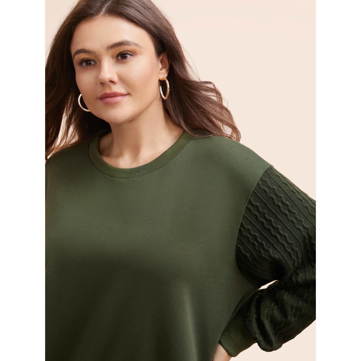 Plus Size Texture Patchwork Drop Shoulder Sleeve Sweatshirt Women DarkGreen Casual Texture Round Neck Everyday Sweatshirts BloomChic 12/L Product Image