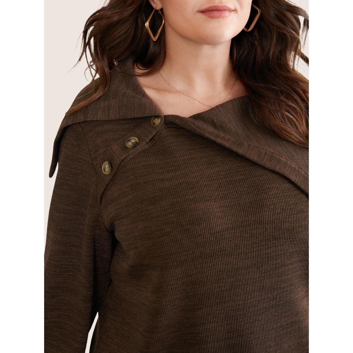 Plus Size Plisse Lapel Collar Button Detail Sweatshirt Women DarkBrown Casual Texture Lapel Collar Dailywear Sweatshirts BloomChic 10/M Product Image