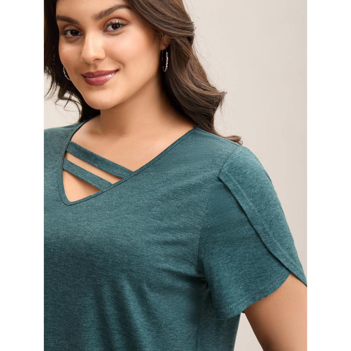 Plus Size Heather Stretchy Neck Cut-Out T-Shirt DarkGreen Women Leisure Petal edge V-neck Casual T-shirts BloomChic 18-20/2X Product Image