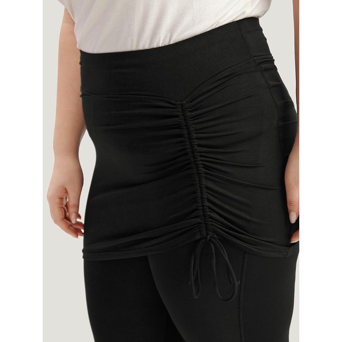 Plus Size Plain Drawstring Gathered Paperbag Waist Leggings Women Black Casual High stretch Skinny High Rise Dailywear Leggings BloomChic 12/L Product Image