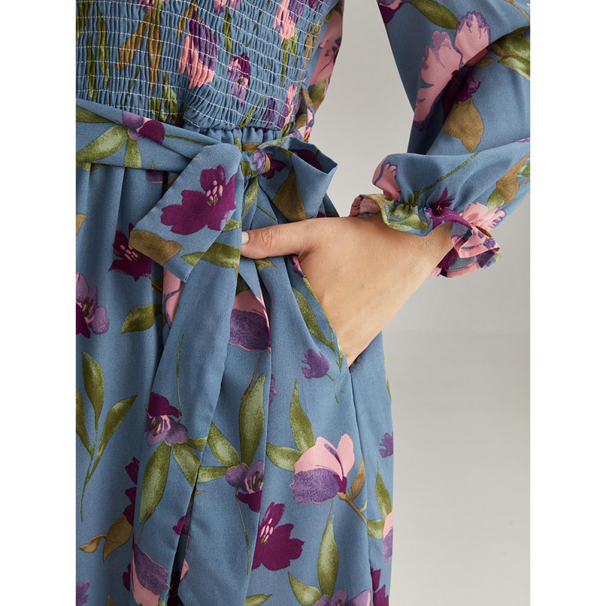 Plus Size Floral Print Puff Sleeve Belted Shirred Dress Stone Women Elegant Elastic cuffs Square Neck Long Sleeve Curvy Midi Dress BloomChic 22-24/3X Product Image