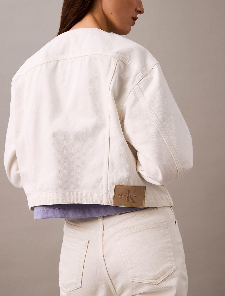 Cropped Collarless Denim Trucker Jacket Product Image