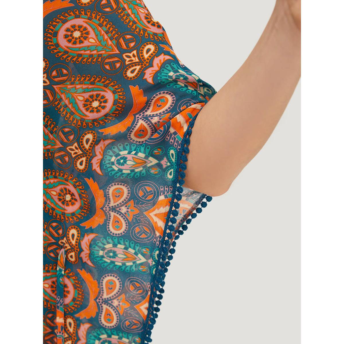 Plus Size Paisley Print Dolman Sleeve Tassels Pompom Trim Cover Up Women Multicolor Vacation See through Loose Belt Dailywear Kimonos BloomChic 10/M Product Image