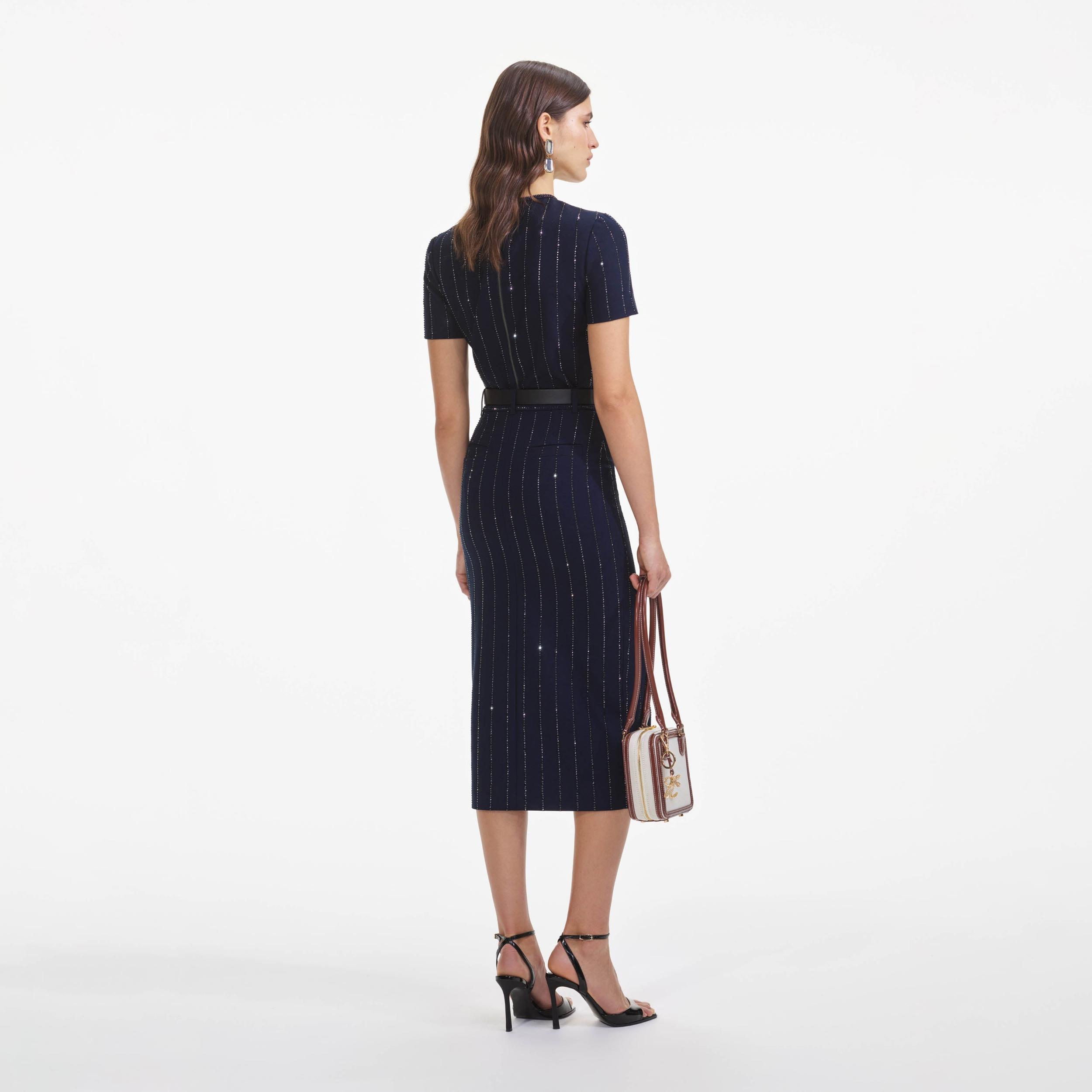 Navy Rhinestone Pinstripe Midi Skirt Product Image