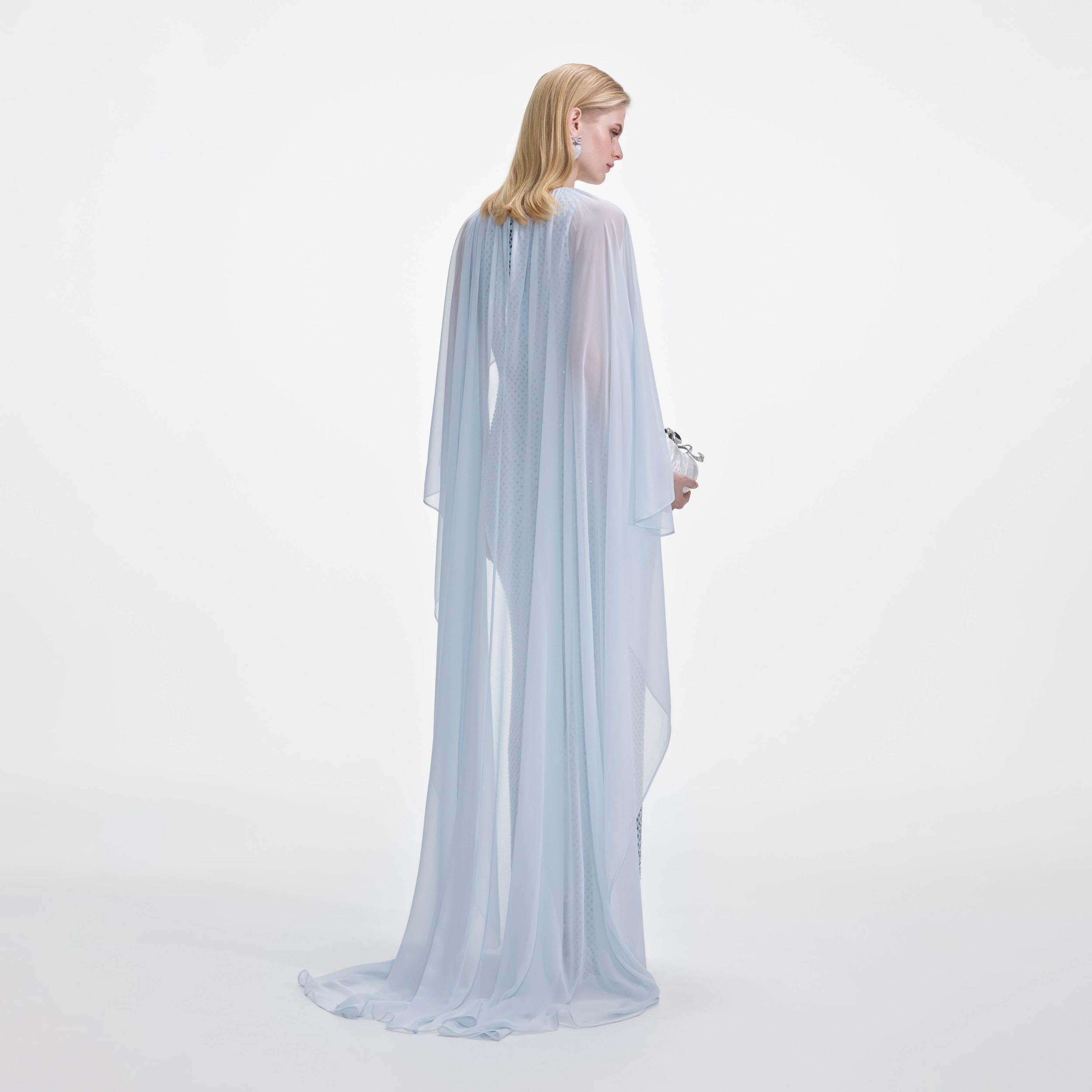 Pale Blue Rhinestone Cape Maxi Dress Product Image