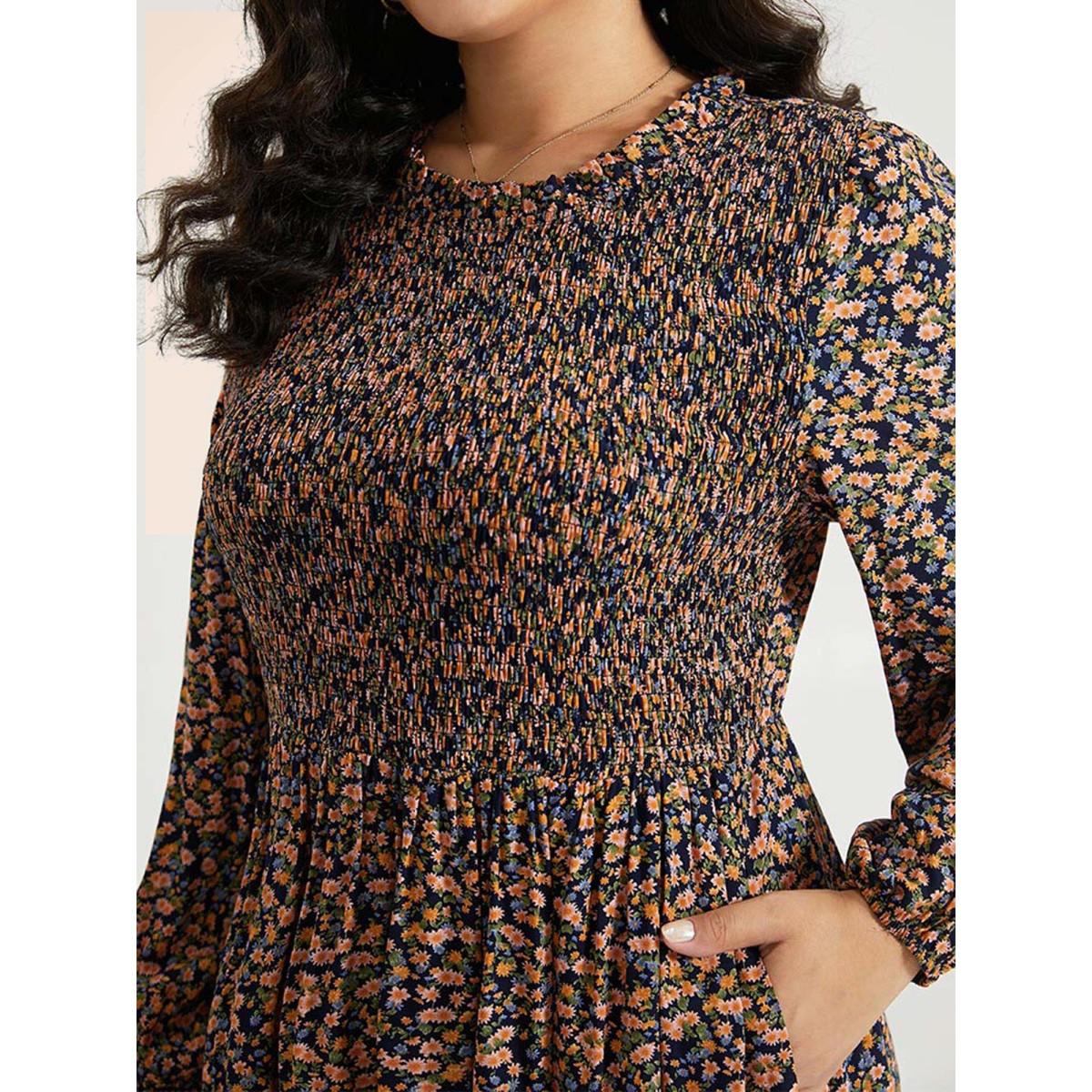 Plus Size Ditsy Floral Shirred Pocket Pleated Frill Trim Dress Indigo Women Leisure Elastic cuffs Round Neck Long Sleeve Curvy Midi Dress BloomChic 26/4X Product Image