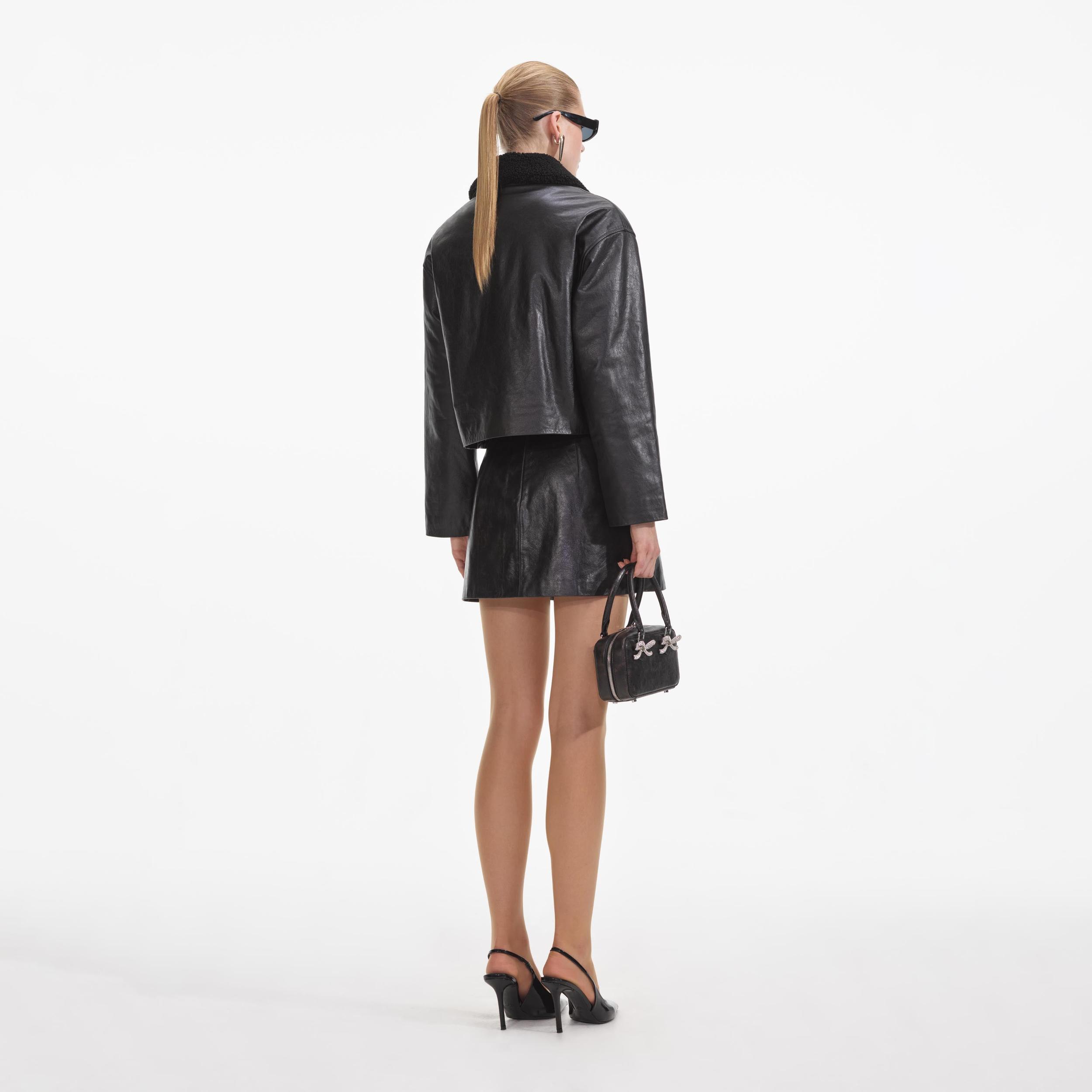 Black Leather Shearling Jacket Product Image