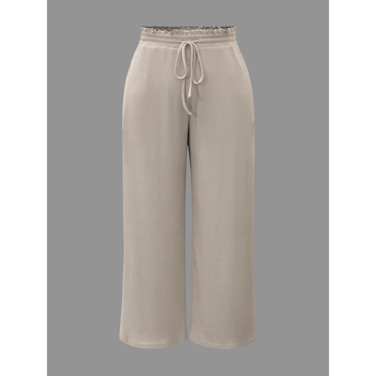 Plus Size Solid Drawstring Fit Stretch Pants Women Apricot Casual Wide Leg Mid Rise Everyday Pants BloomChic 12/L Product Image