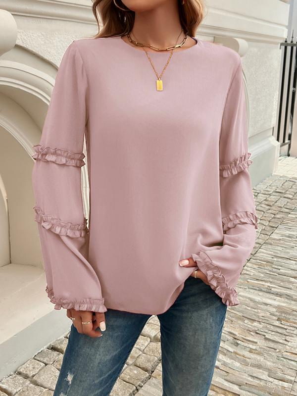 Flared Sleeves Long Sleeves Solid Color Split-Joint Round-Neck T-Shirts Tops Product Image