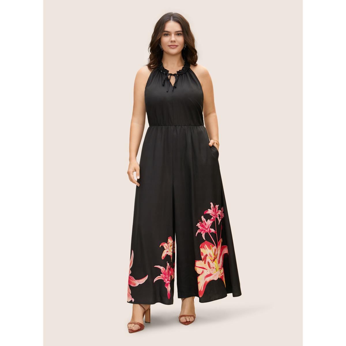 Plus Size Black Lily Print Frill Trim Tie Knot Jumpsuit Women Elegant Sleeveless Round Neck Everyday Loose Jumpsuits BloomChic 28/5X Product Image