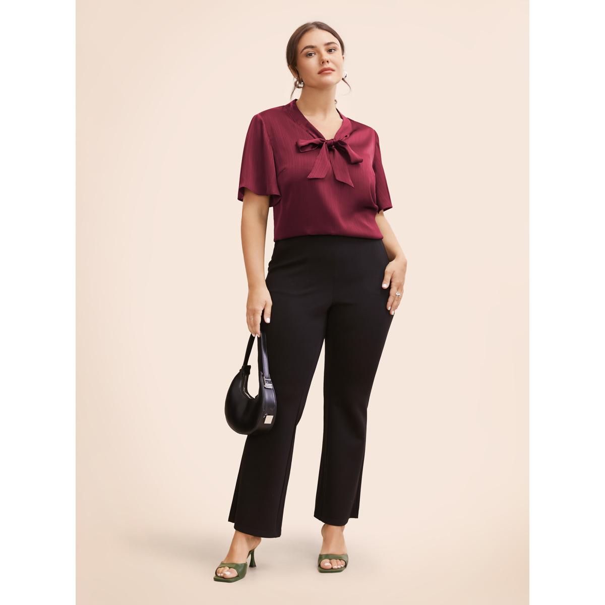 Plus Size Burgundy Plain Knot Neck Ruffle Sleeve Blouse Women Office Short sleeve Ribbon-tied collar Work Blouses BloomChic 10/M Product Image
