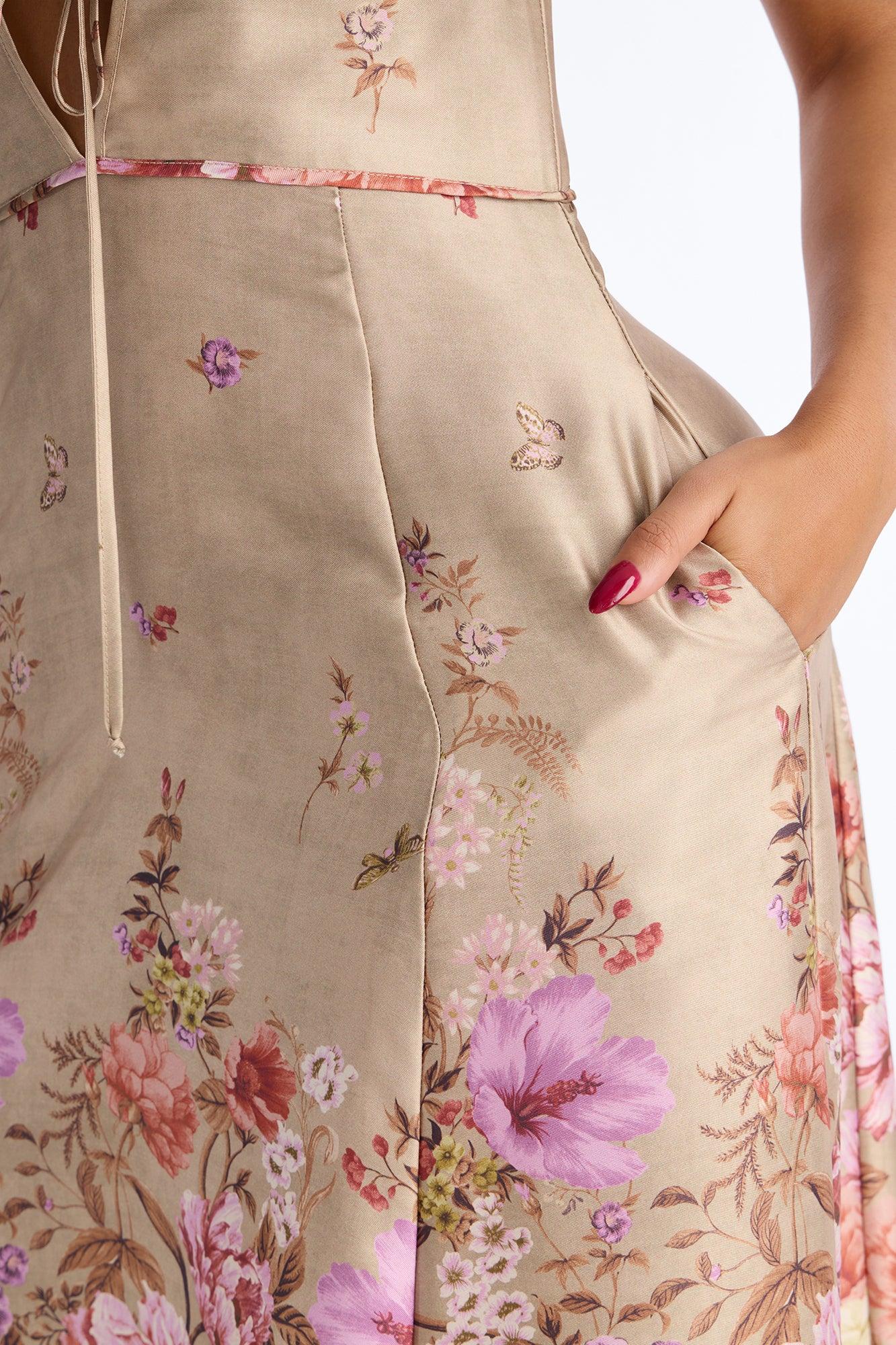 Selene Sleeveless Floral Satin Midi Dress - Brown/combo Female Product Image