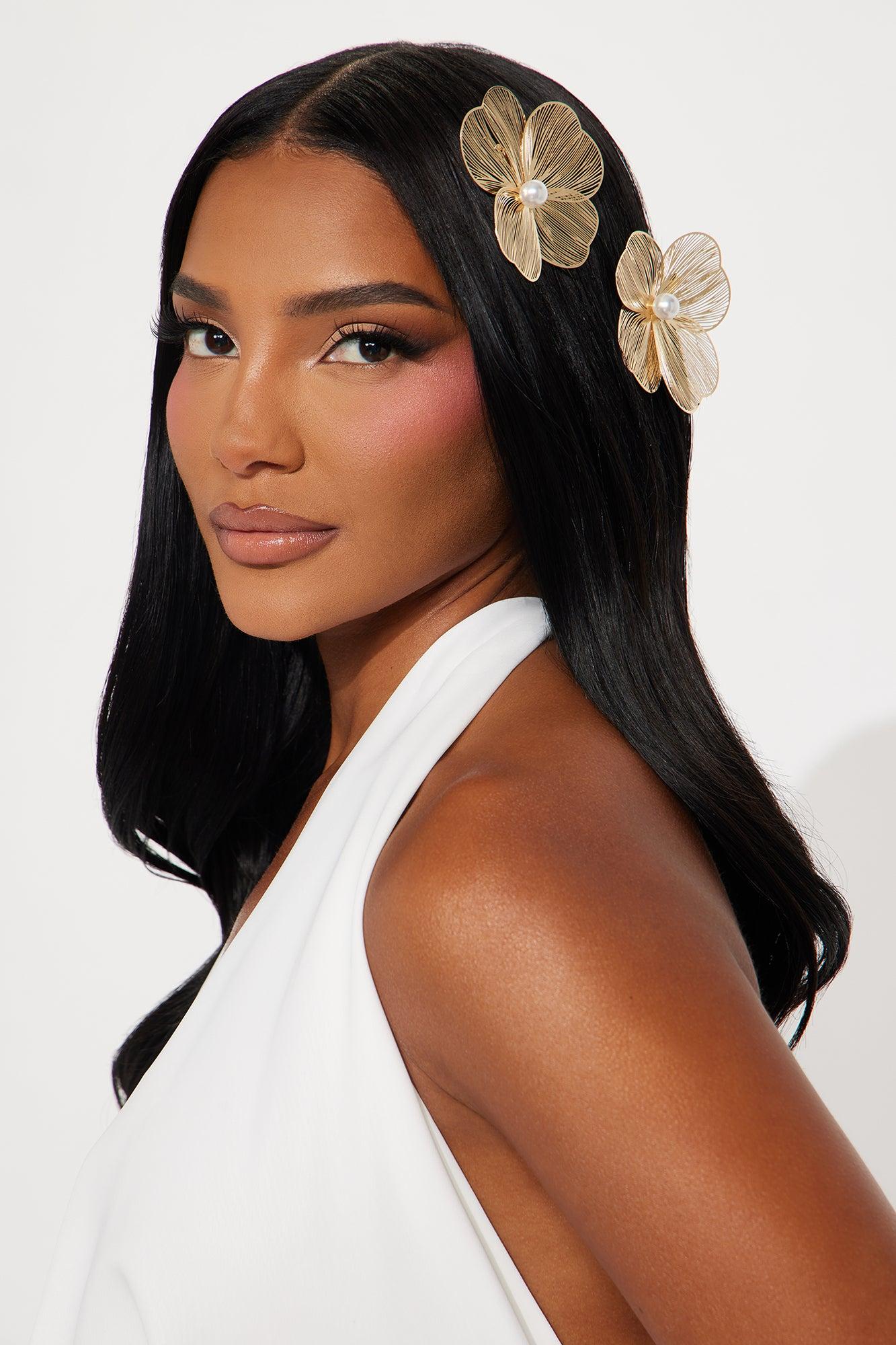 Pearly Florals 2 Piece Hair Barrette Set - Gold Product Image