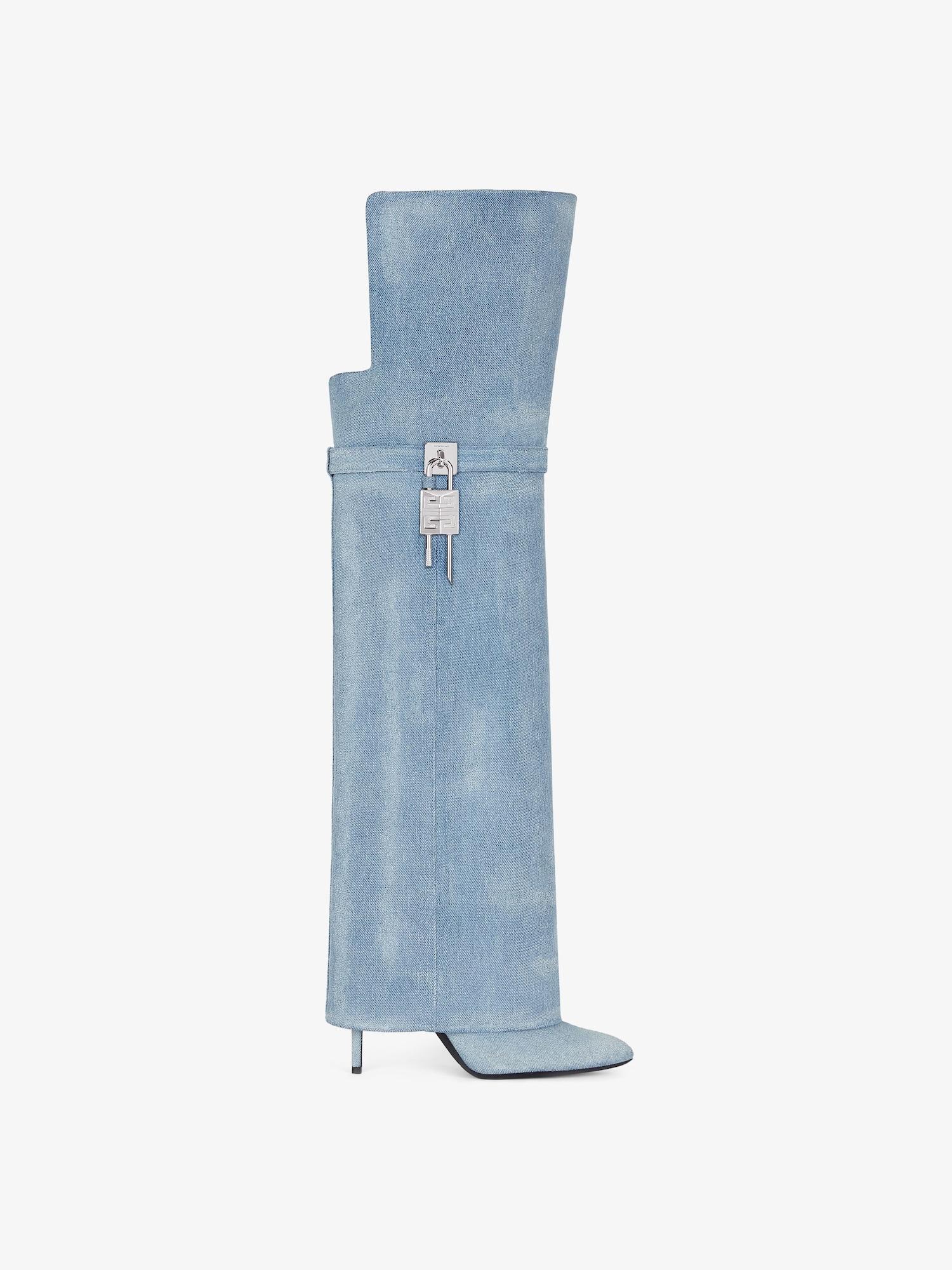 Shark Lock Stiletto over-the-knee boots in washed denim Product Image