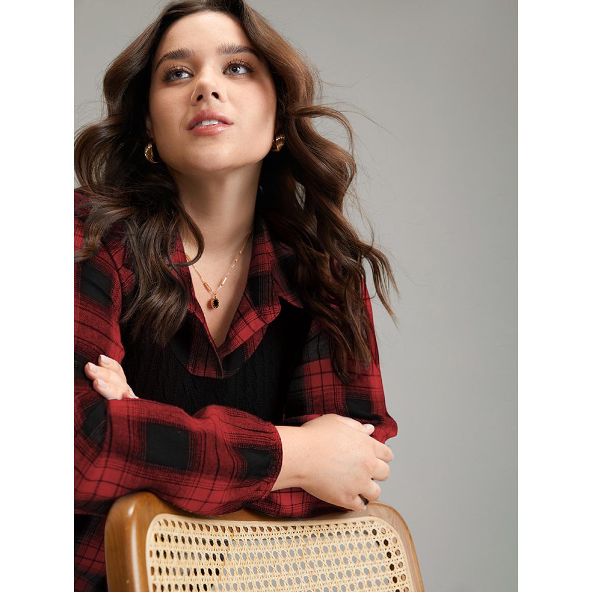 Plus Size Plaid Patchwork Jacquard Button Detail Arc Hem Dress Scarlet Women Casual Elastic cuffs Shirt collar Long Sleeve Curvy Midi Dress BloomChic 18-20/2X Product Image