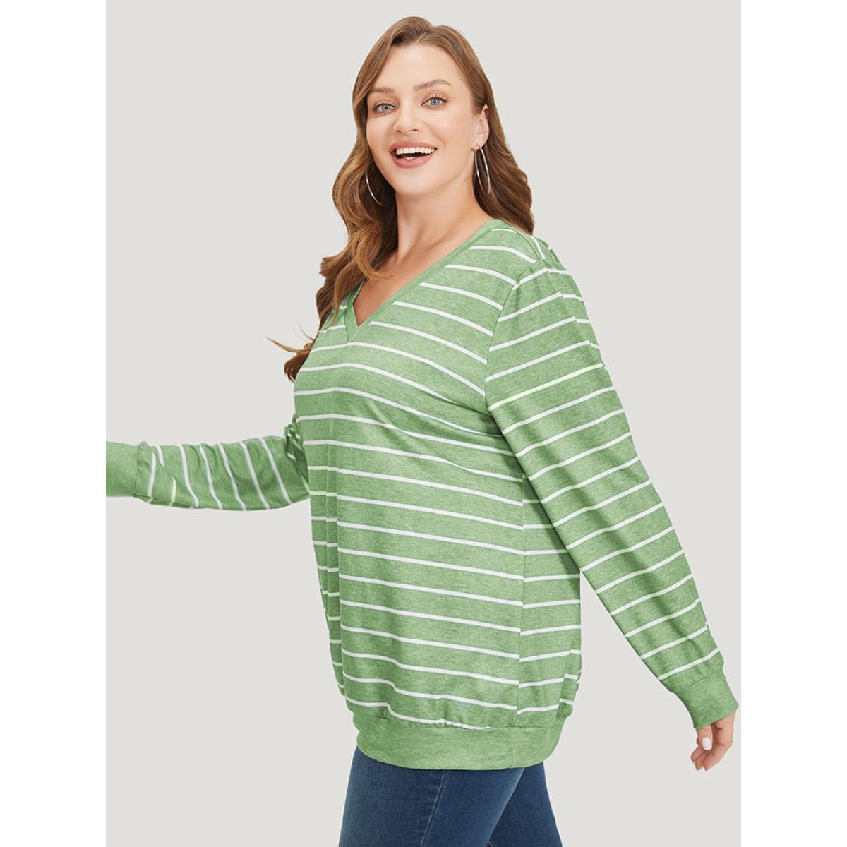 Plus Size Striped Print V Neck Sweatshirt Women Green Casual V-neck Dailywear Sweatshirts BloomChic 12/L Product Image