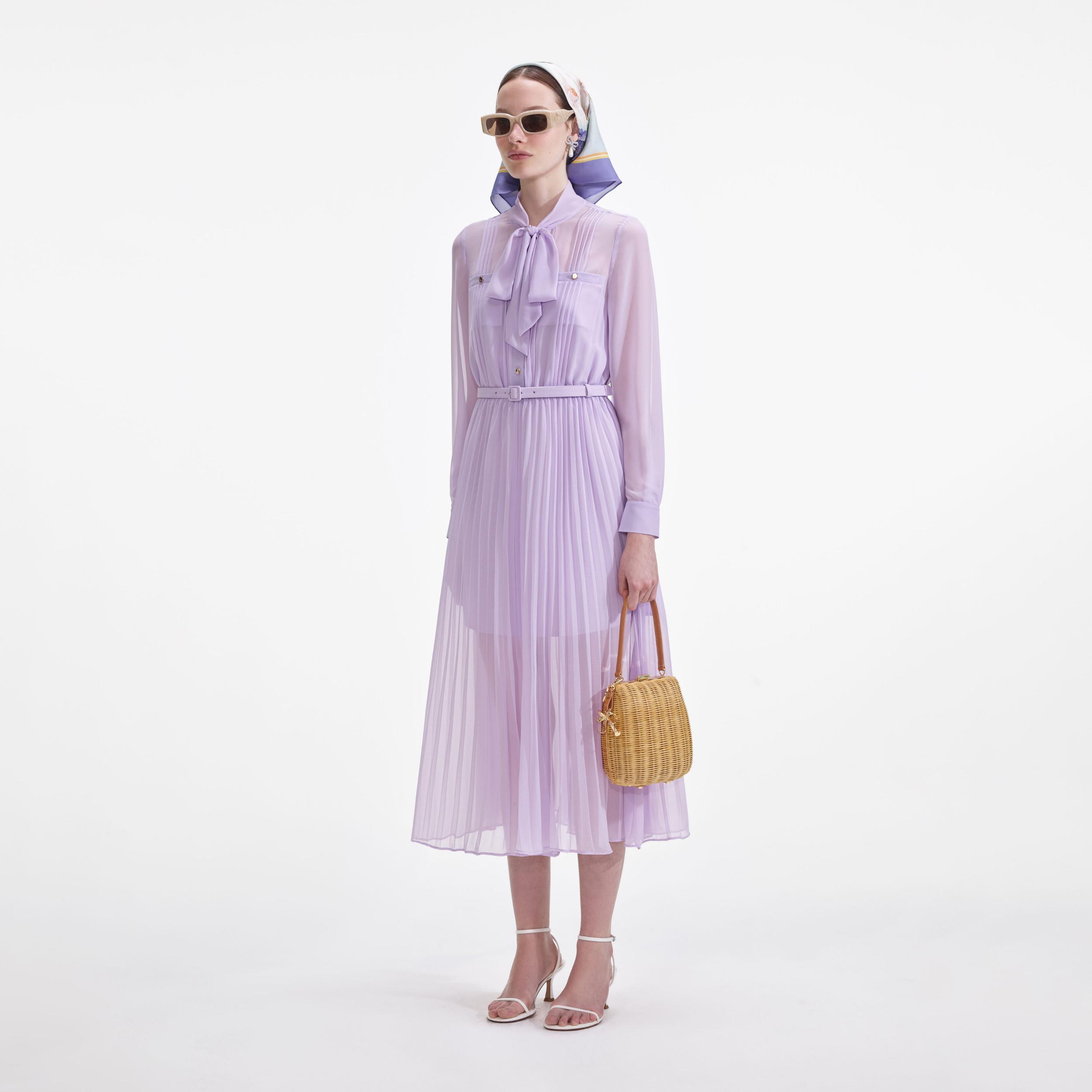 Lilac Chiffon Pussy Bow Midi Dress Product Image