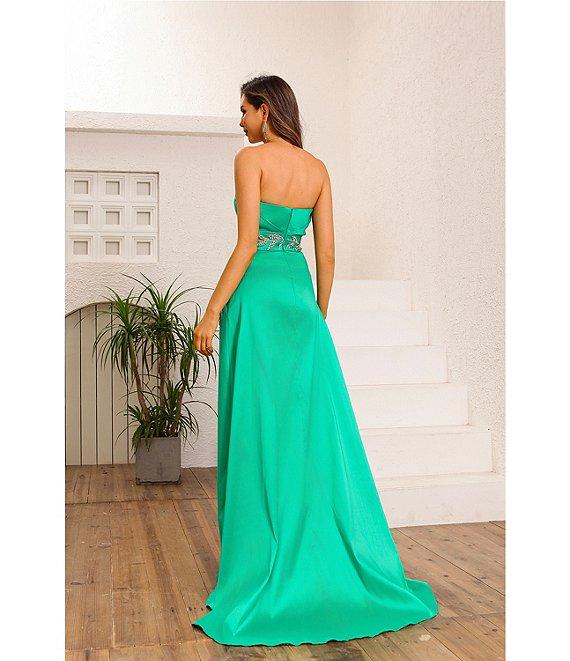 Terani Couture Strapless Ruched Satin Beaded Leaf A-Line Gown Product Image