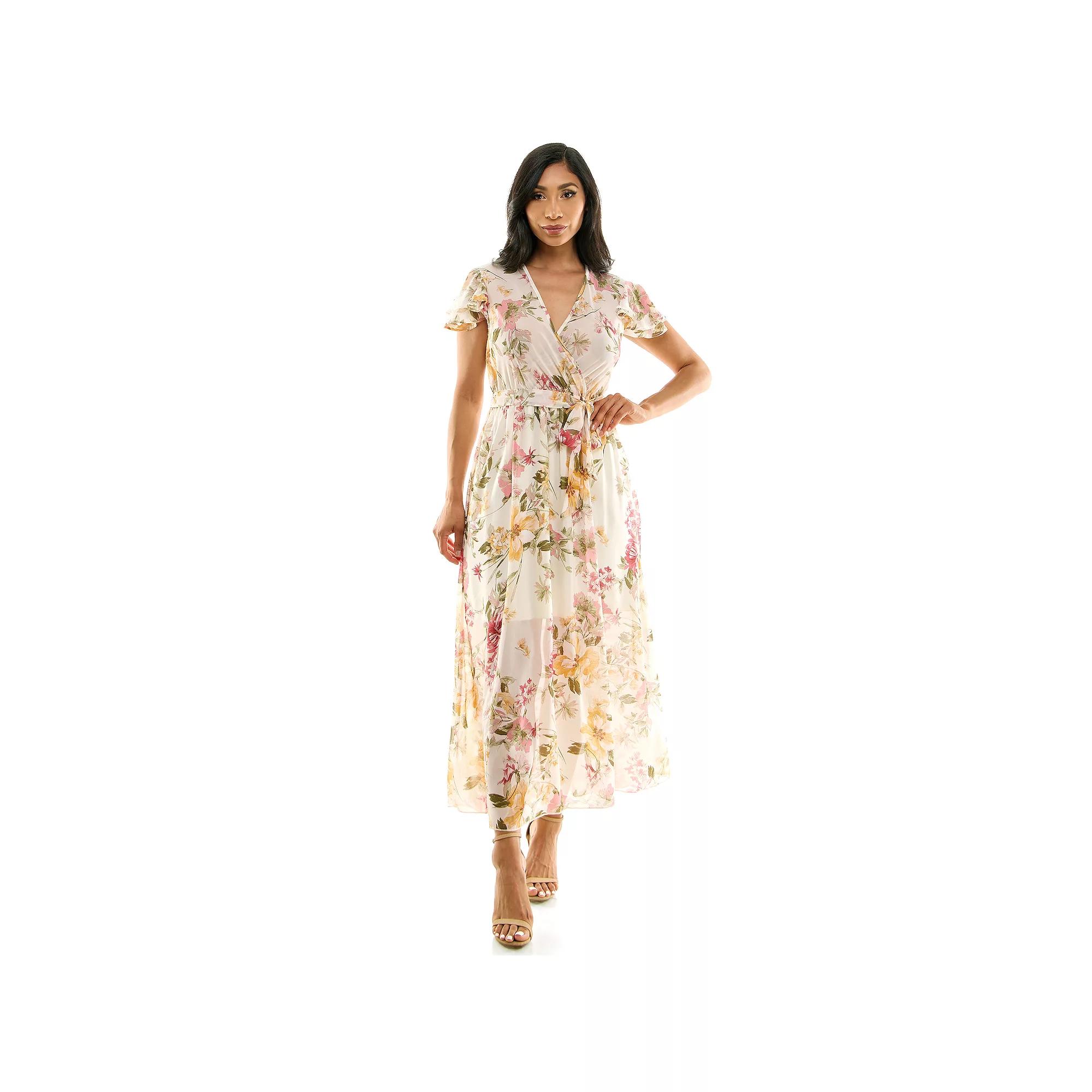 Women's Luxology Front-Tie Ruffle Maxi Dress, Size: Large, Ivory Pink Yellow Product Image