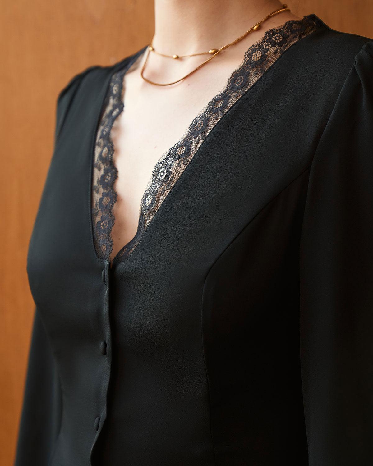 The Black V Neck Lace Trim Button Blouse Product Image