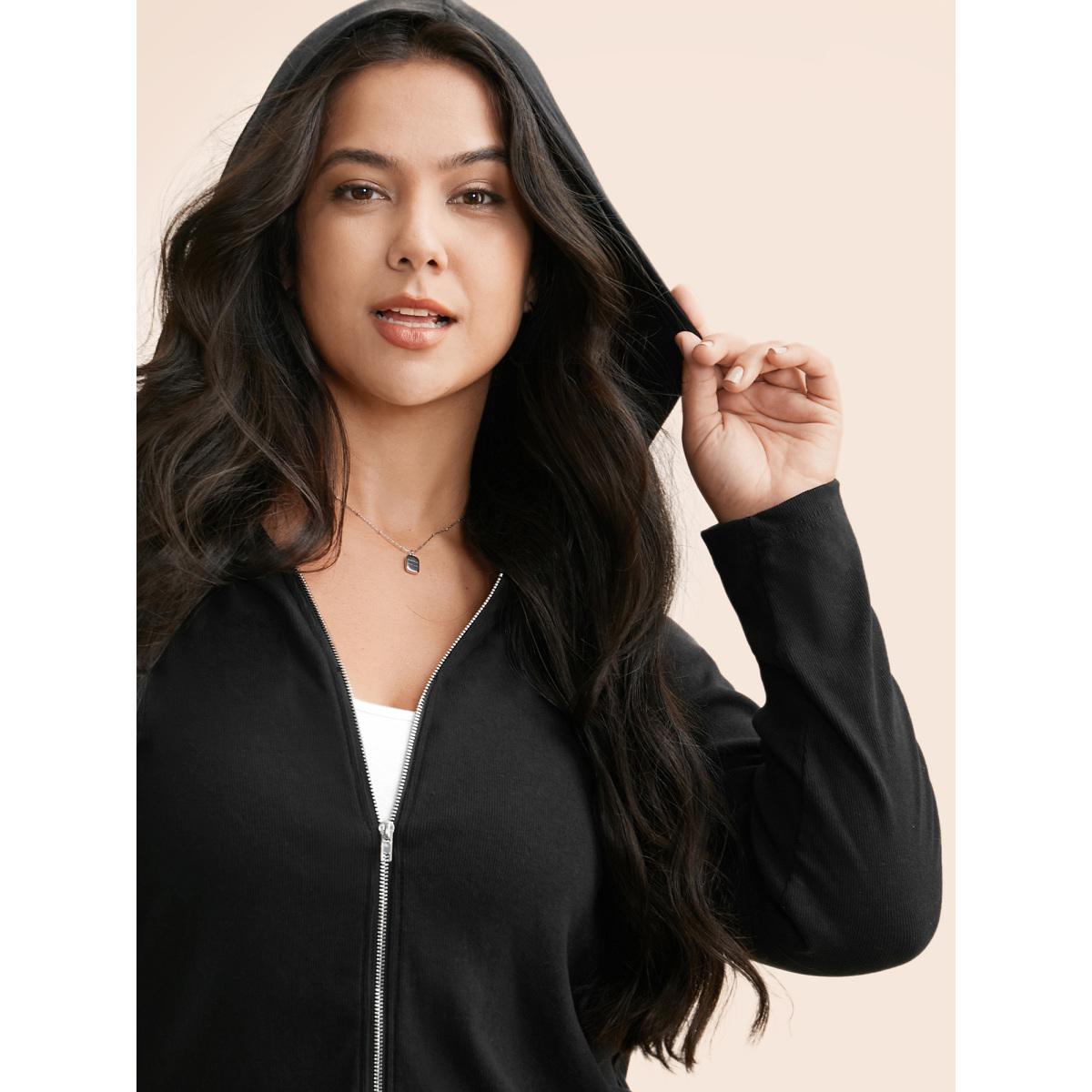 Plus Size Hooded Zipper Medium Stretch Sweatshirt Women Black Casual Texture Hooded Everyday Sweatshirts BloomChic 22-24/3X Product Image