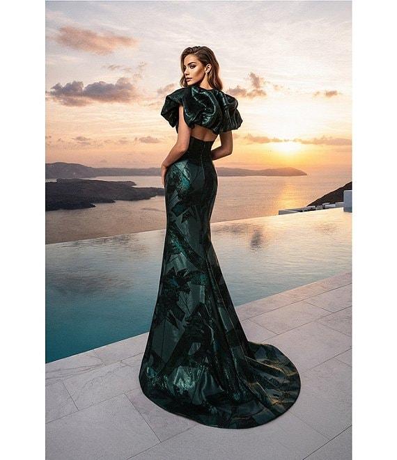 Terani Couture Brocade Column Gown With Deep V Neckline Product Image