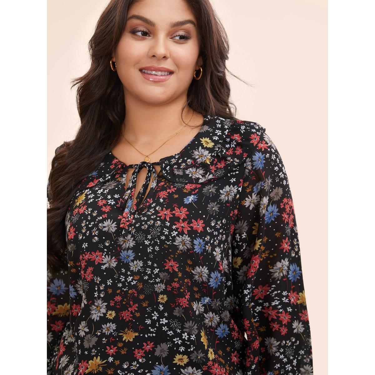Plus Size Black Chiffon Floral Tie Knot Ruffle Trim Blouse Women Elegant Long Sleeve V-neck Everyday Blouses BloomChic 22-24/3X Product Image