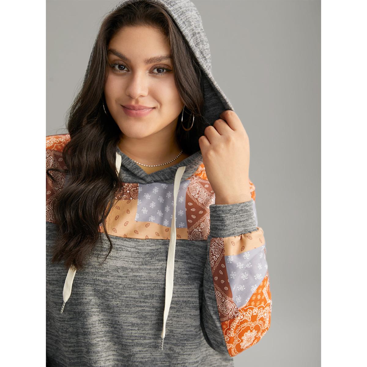 Plus Size Boho Print Contrast Heather Hooded Sweatshirt Women DimGray Casual Contrast Hooded Dailywear Sweatshirts BloomChic 22-24/3X Product Image