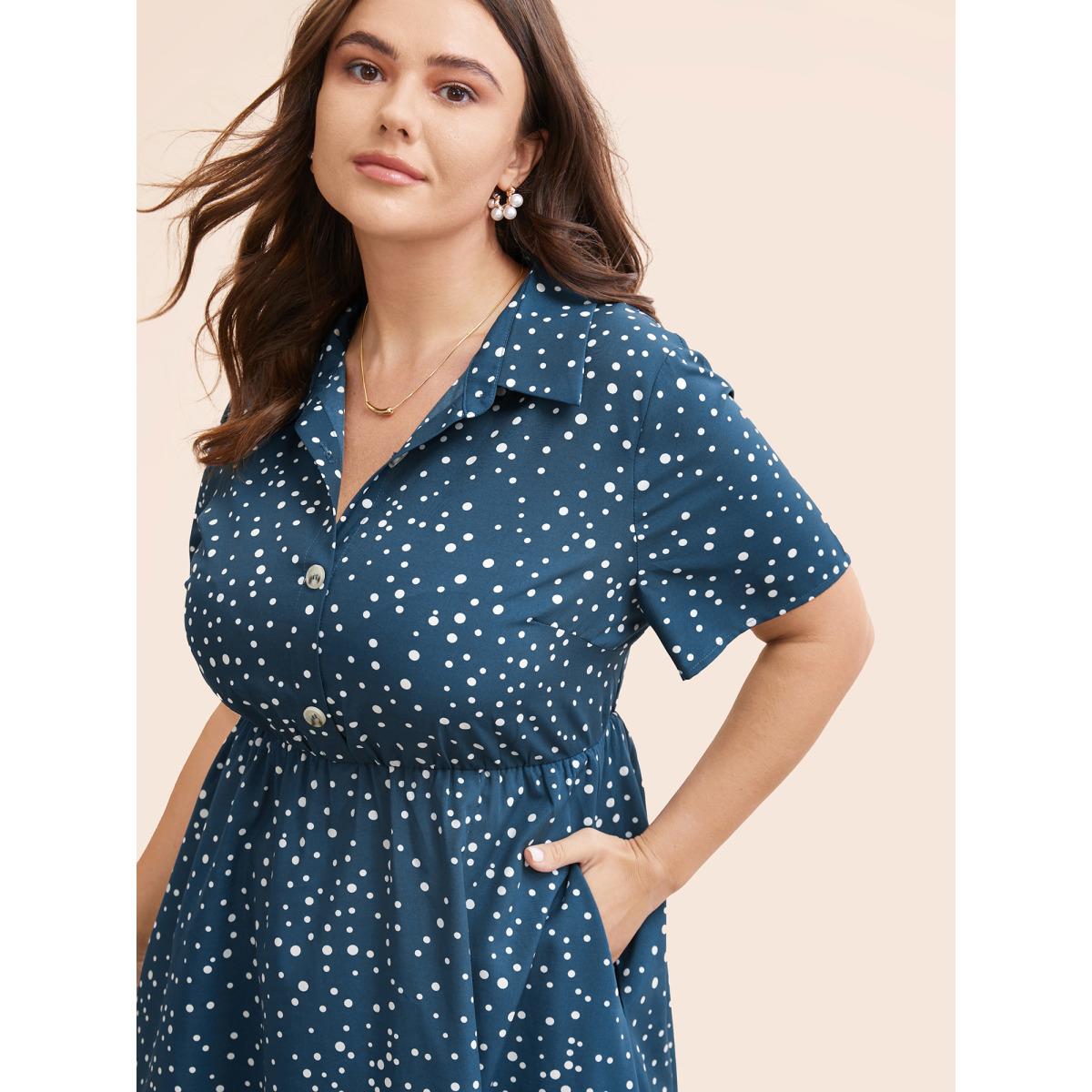 Plus Size Polka Dot Button Detail Split Hem Midi Dress Aegean Women Elegant Button Shirt collar Short sleeve Curvy BloomChic 22-24/3X Product Image