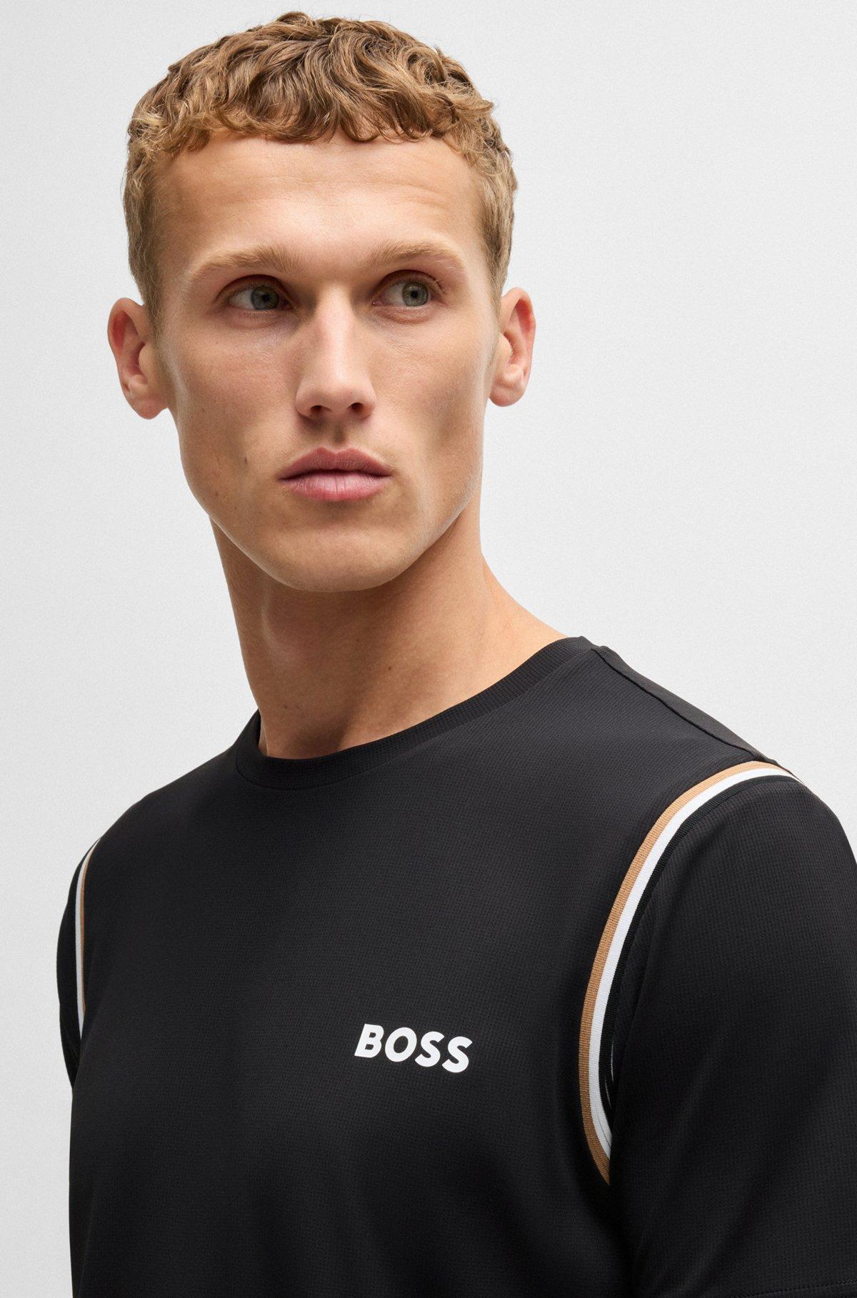 BOSS - Active waffle-structure T-shirt with signature stripes - Black Product Image