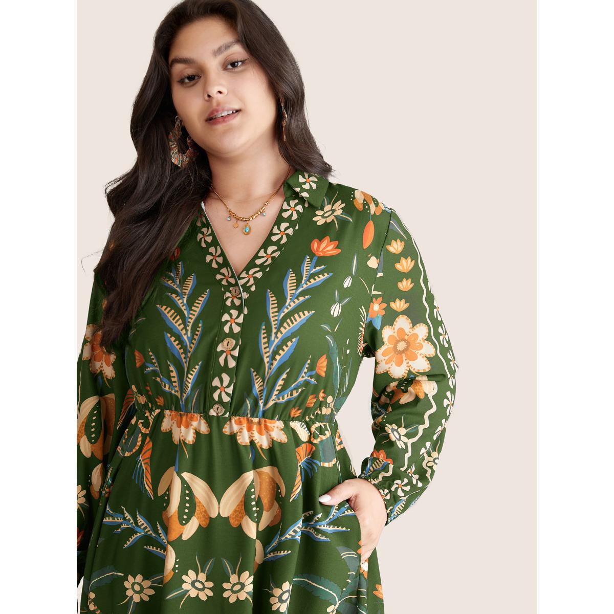 Plus Size Bandana Print Pocket Lapel Collar Elastic Cuffs Dress ArmyGreen Women Resort Non V-neck Long Sleeve Curvy Midi Dress BloomChic 12/L Product Image