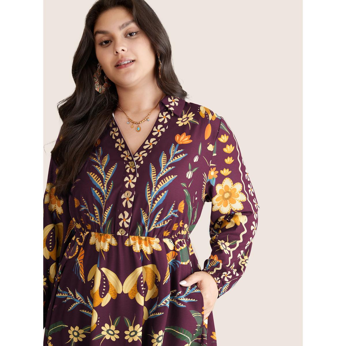 Plus Size Bandana Print Pocket Lapel Collar Elastic Cuffs Dress Deeppurplered Women Resort Non V-neck Long Sleeve Curvy Midi Dress BloomChic 14-16/1X Product Image