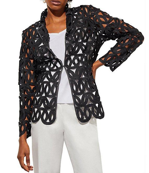 Ming Wang Novelty Woven Geo Circle Cutout Lapel Collar Long Sleeve Jacket Product Image