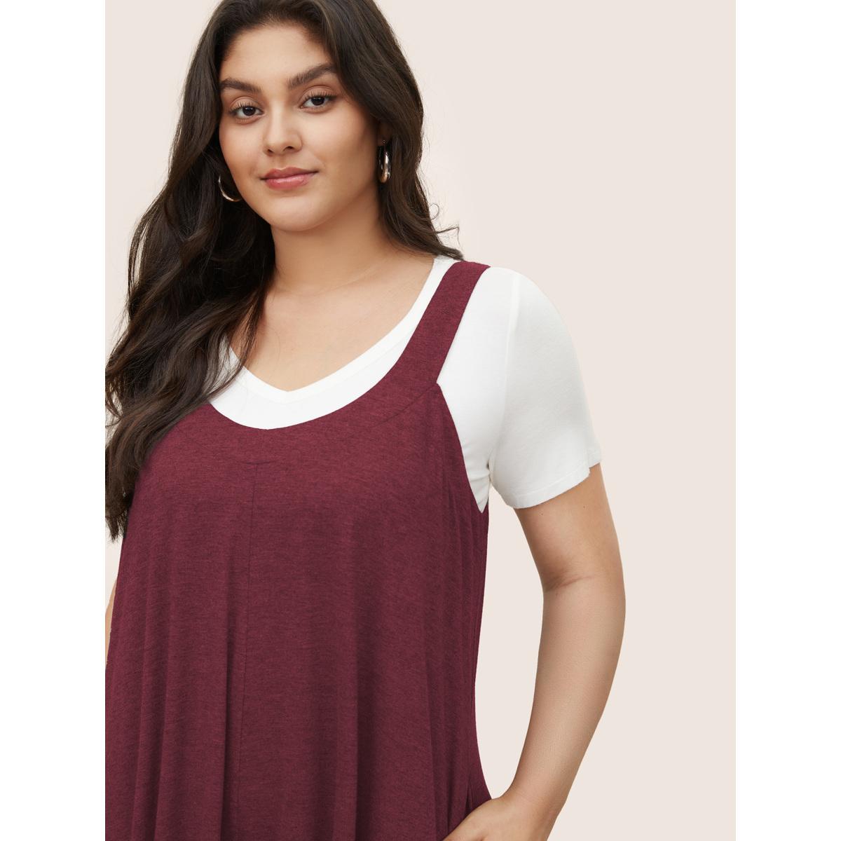 Plus Size Burgundy Supersoft Essentials Solid Pocket Adjustable Straps Jumpsuit Women Casual Sleeveless Non Everyday Loose Jumpsuits BloomChic 28/5X Product Image