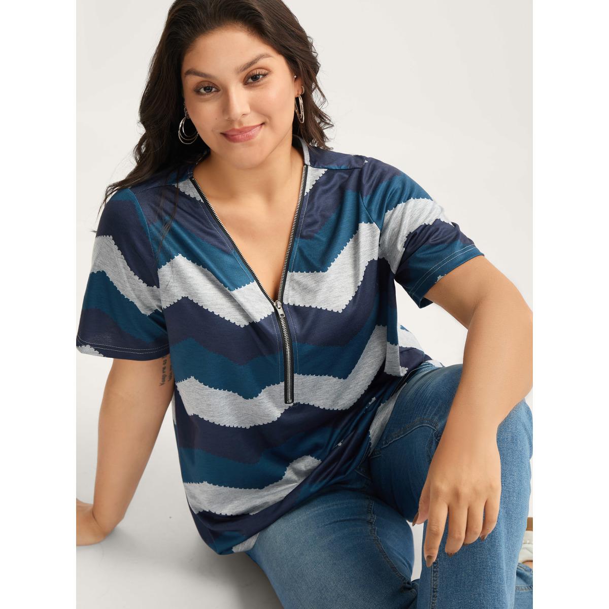 Plus Size Wavy Stripe Color Contrast Zipper T-Shirt Multicolor Women Contrast V-neck Everyday-Casual T-shirts BloomChic 18-20/2X Product Image