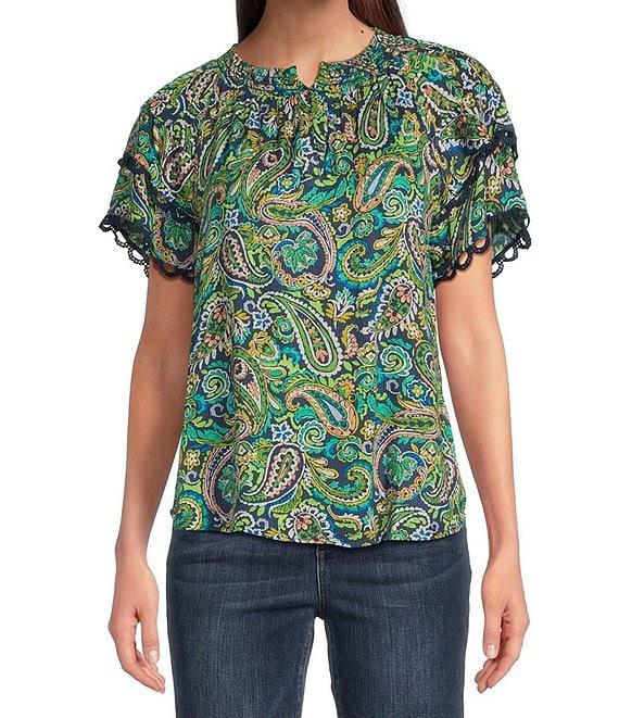 Democracy Paisley Print Smocked Split V-Neck Lace Trim Double Flounce Sleeve Top Product Image