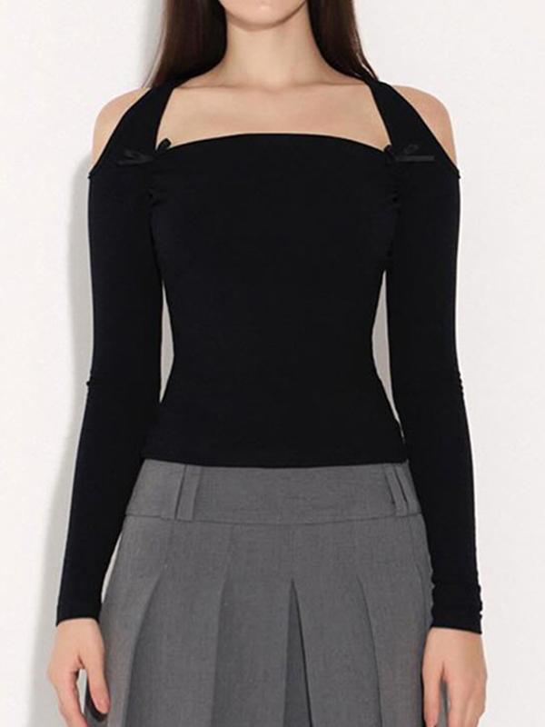 Solid Halter Bow Ruched Long Sleeve Tee Product Image