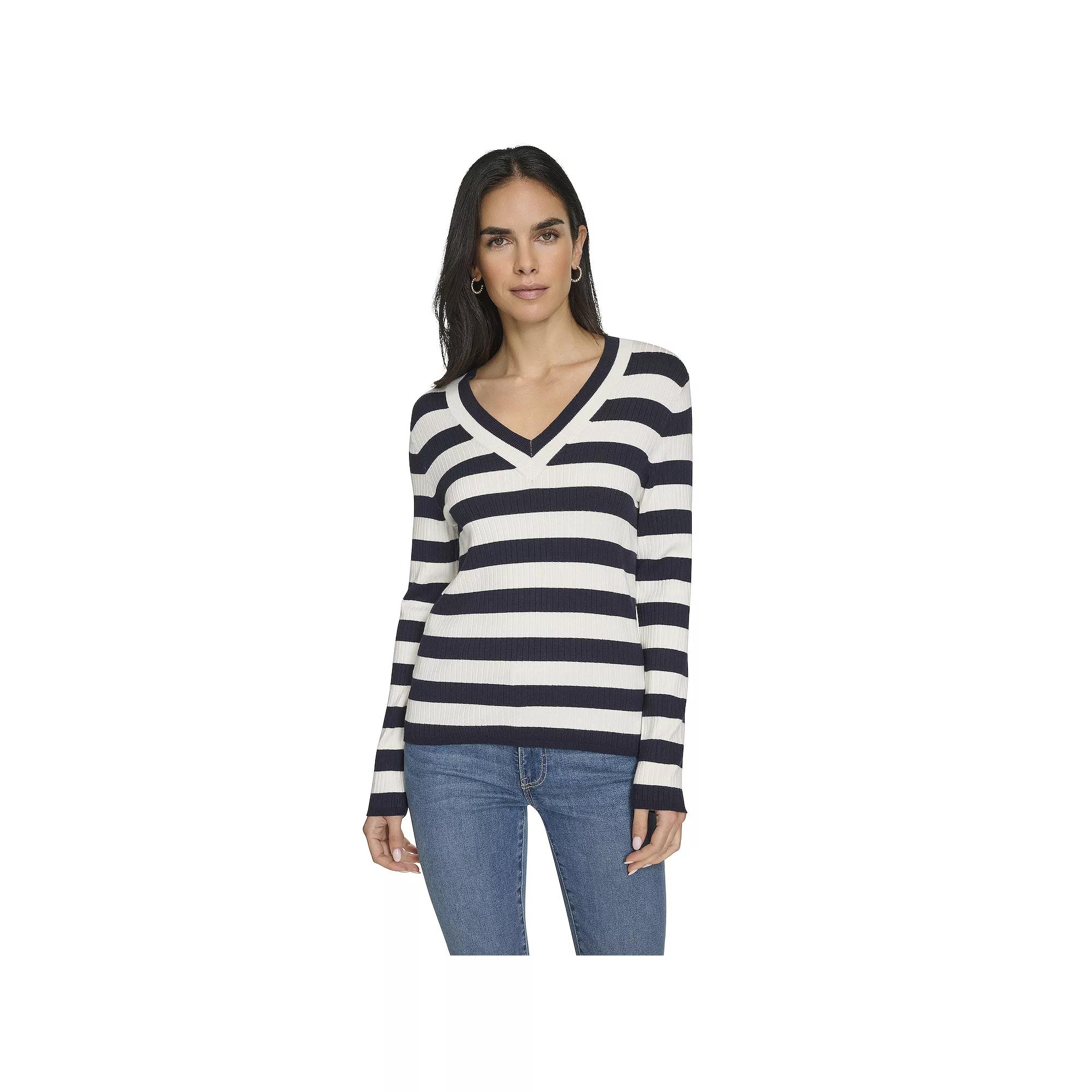 Women's Nautica Striped V-Neck Sweater, Size: XL, Blue Stripe Product Image