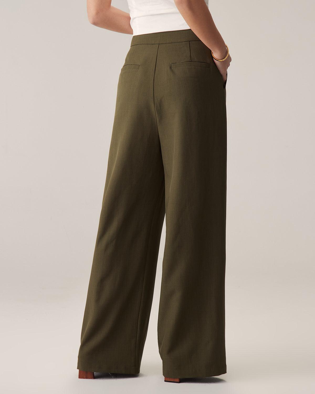 Green High-Waisted Straight Wide-Leg Pants Product Image