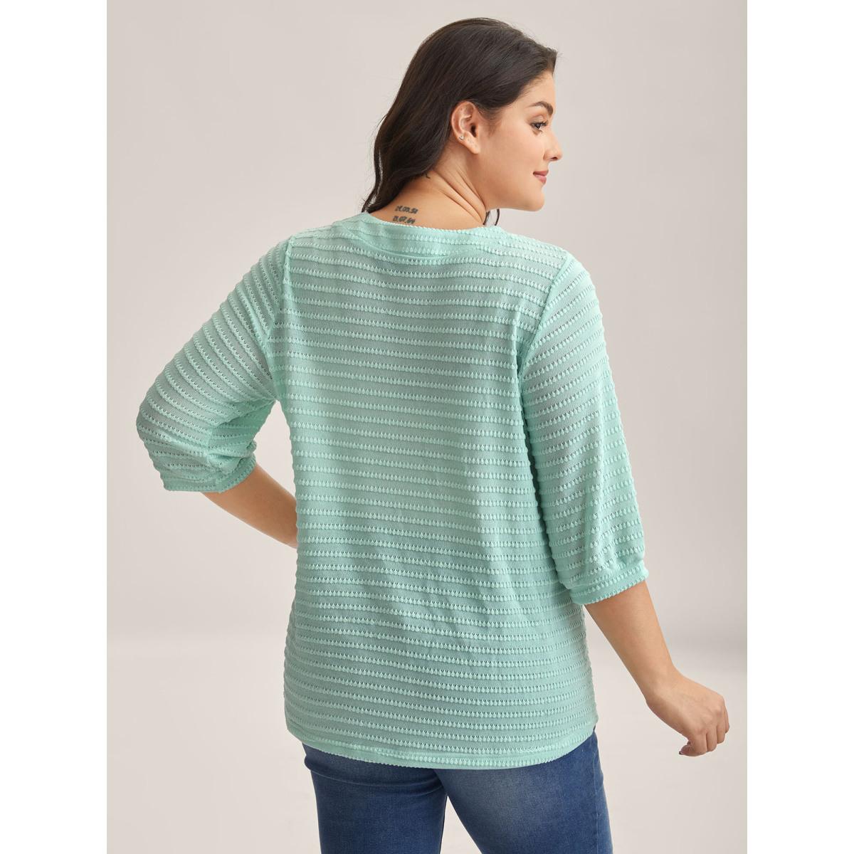 Plus Size Waffle-Grid Button Detail T-Shirt Mint Women Texture V-neck Everyday-Casual T-shirts BloomChic 14-16/1X Product Image