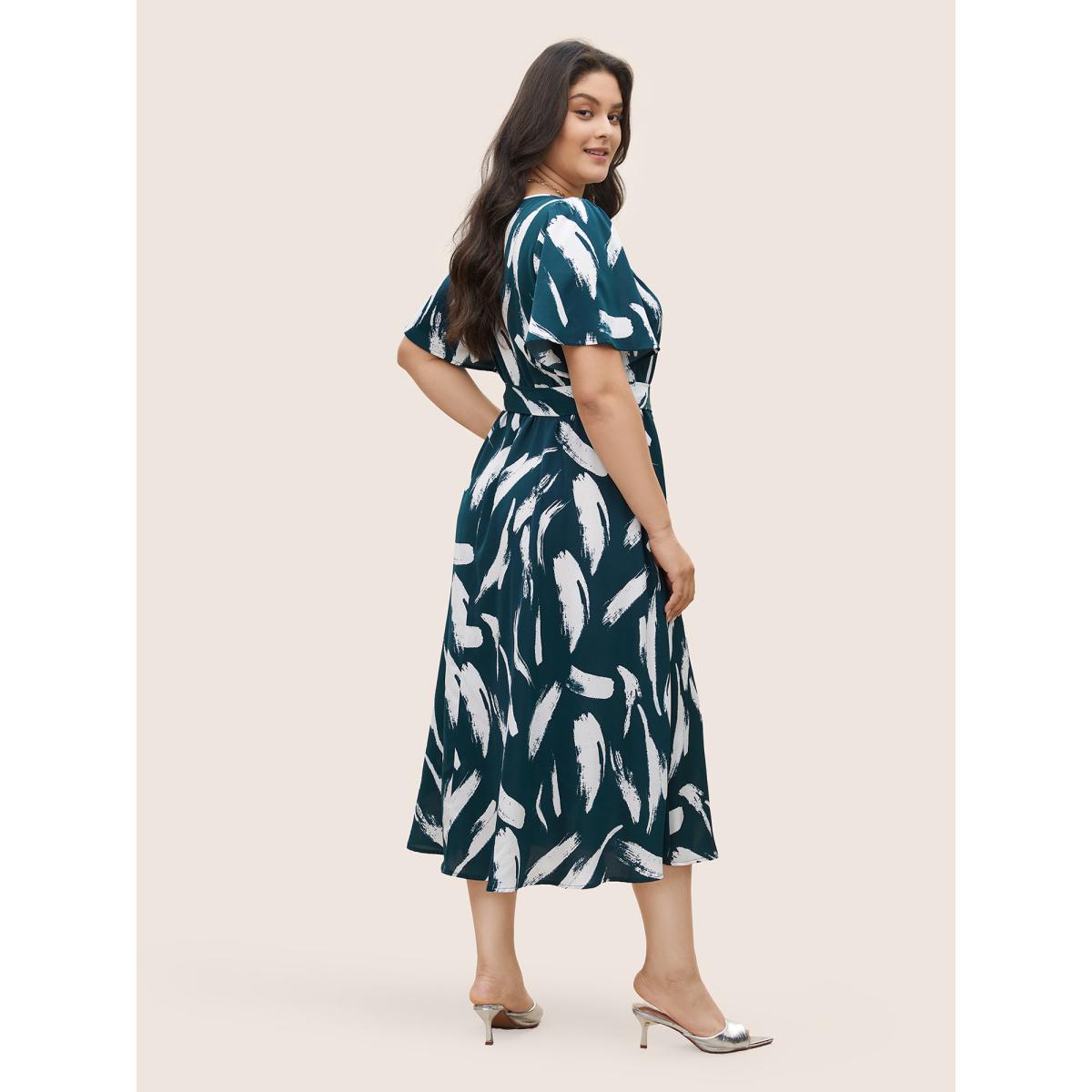 Plus Size Brush Print Belted Pocket Elastic Waist Dress DarkSlateGray Women At the Office Non Round Neck Short sleeve Curvy Midi Dress BloomChic 12/L Product Image