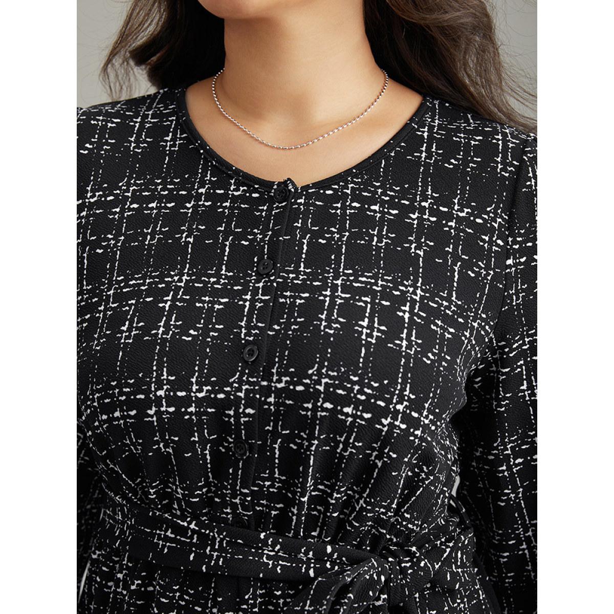 Plus Size Black Textured Button Up Elastic Waist Belted Jumpsuit Women Office Long Sleeve Round Neck Work Loose Jumpsuits BloomChic 18-20/2X Product Image