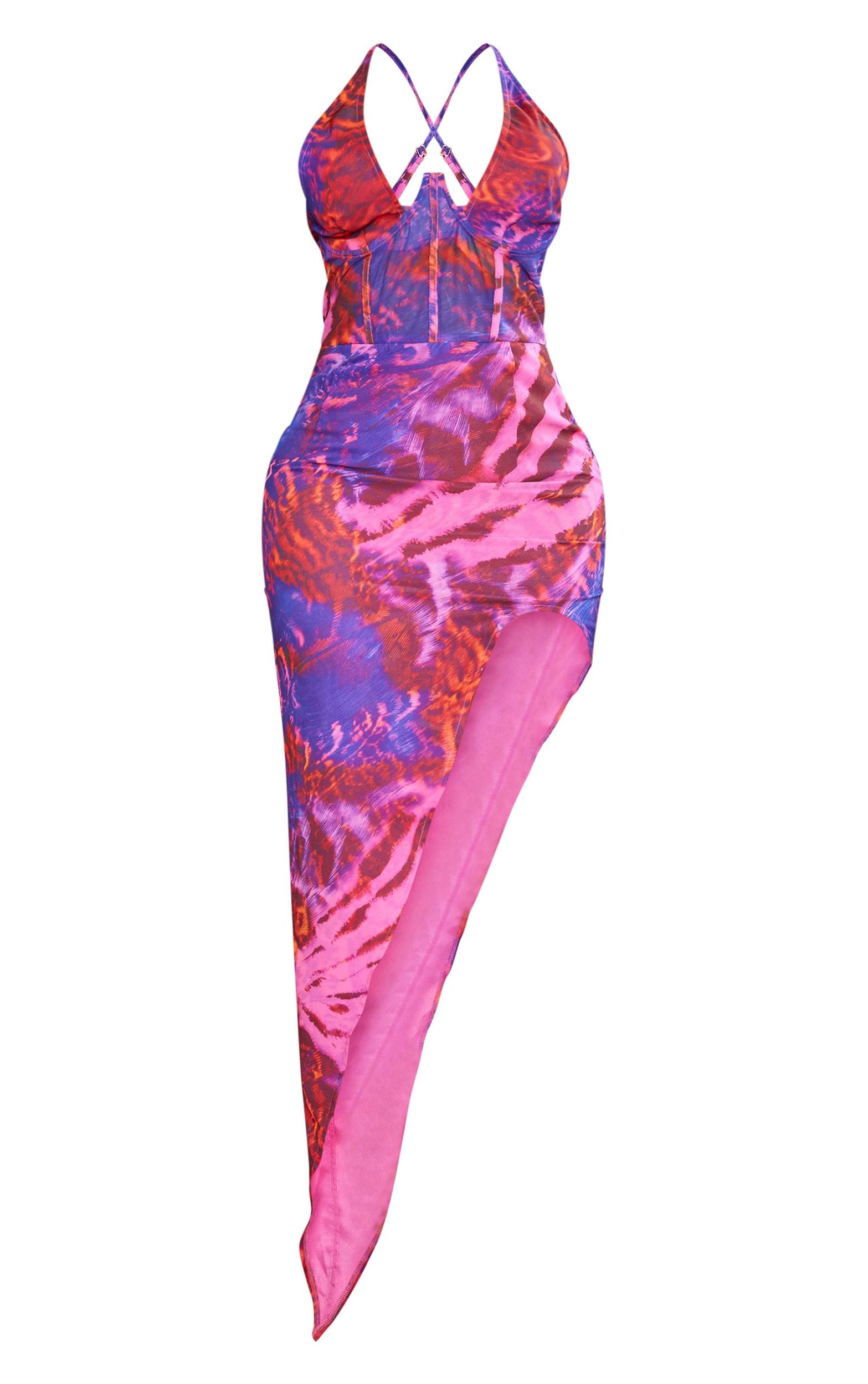 Shape Pink Printed Chiffon Corset Detail Asymmetric Hem Midi Dress Product Image