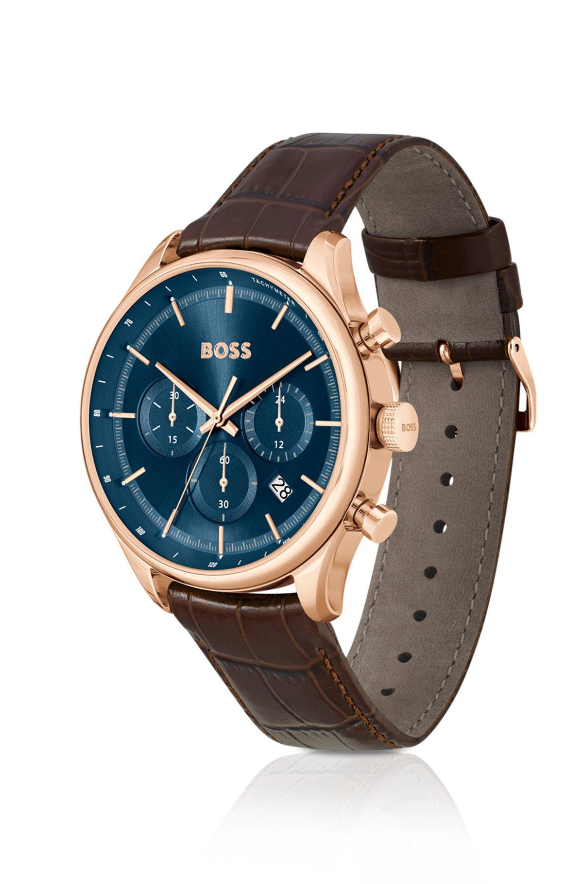 Gold-tone chronograph watch with brown leather strap Product Image
